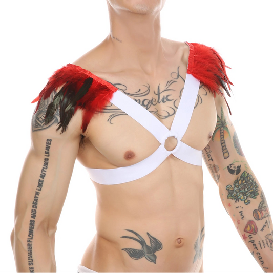 a sexy man in white and red Men’s Fallen Diva Feather Epaulet Harness – pridevoyageshop.com – gay men’s harness, lingerie and fetish wear