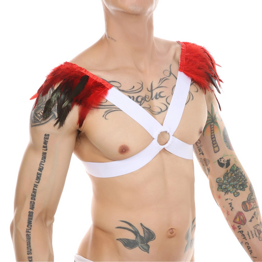 a sexy man in white and red Men’s Fallen Diva Feather Epaulet Harness – pridevoyageshop.com – gay men’s harness, lingerie and fetish wear