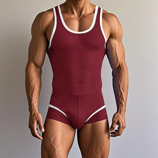 a sexy man in wine red Men’s Ace Contrast-Trim Bodysuit – pridevoyageshop.com – gay men’s harness, lingerie and fetish wear