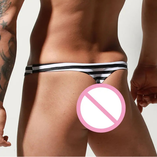 a sexy man in zebra stripes Men’s Cruising Bar Stripe Swim Bikini Thong – pridevoyageshop.com – gay men’s sexy swim briefs, trunks, board shorts, and bikinis