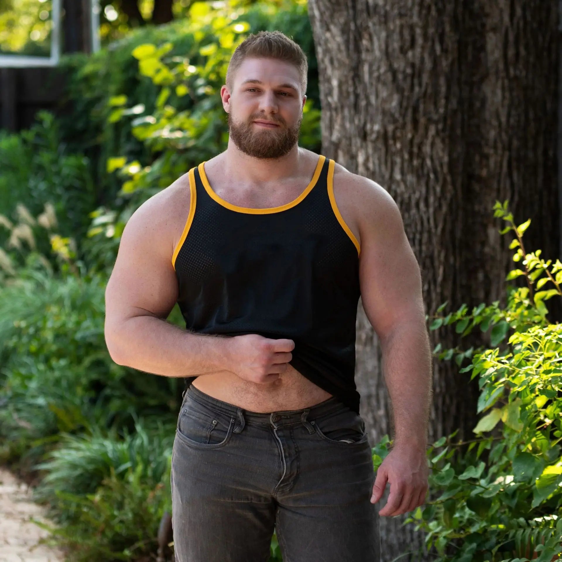 a sexy muscle bear in black Daddys Tryout Mesh Tank – pridevoyageshopcom – gay mens clubwear mesh tanks crop tops fashion tops partywear activewear