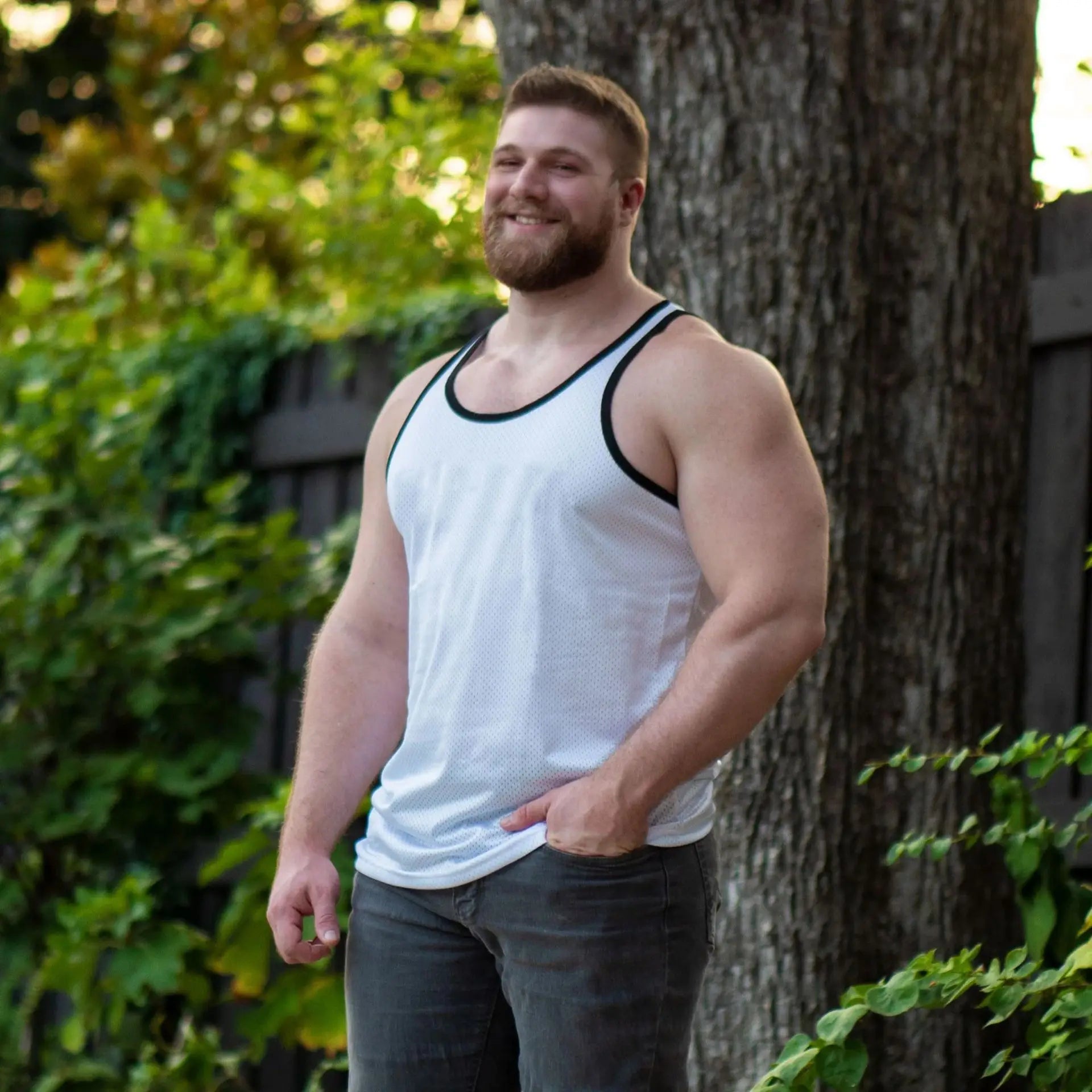 a sexy muscle bear in white Daddys Tryout Mesh Tank – pridevoyageshopcom – gay mens clubwear mesh tanks crop tops fashion tops partywear activewear