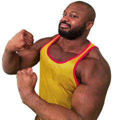 a sexy muscle bear in yellow Daddys Tryout Mesh Tank – pridevoyageshopcom – gay mens clubwear mesh tanks crop tops fashion tops partywear activewear