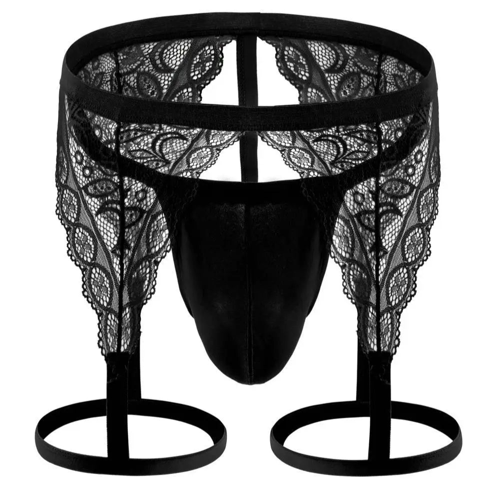black Men’s Lace Suspender Garter Thong - pridevoyageshop.com - gay men’s thongs, boxers, briefs and jockstraps
