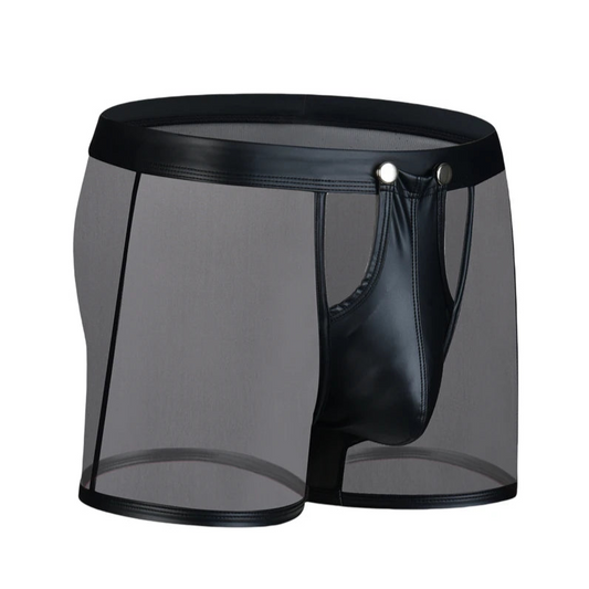 black Men’s Mesh & PU Leather Snap Boxer Shorts - pridevoyageshop.com - gay men’s thongs, boxers, briefs and jockstraps