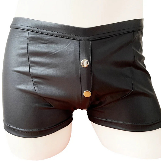 black Men’s PU Leather Snap Shorts - pridevoyageshop.com - gay men’s thongs, boxers, briefs and jockstraps