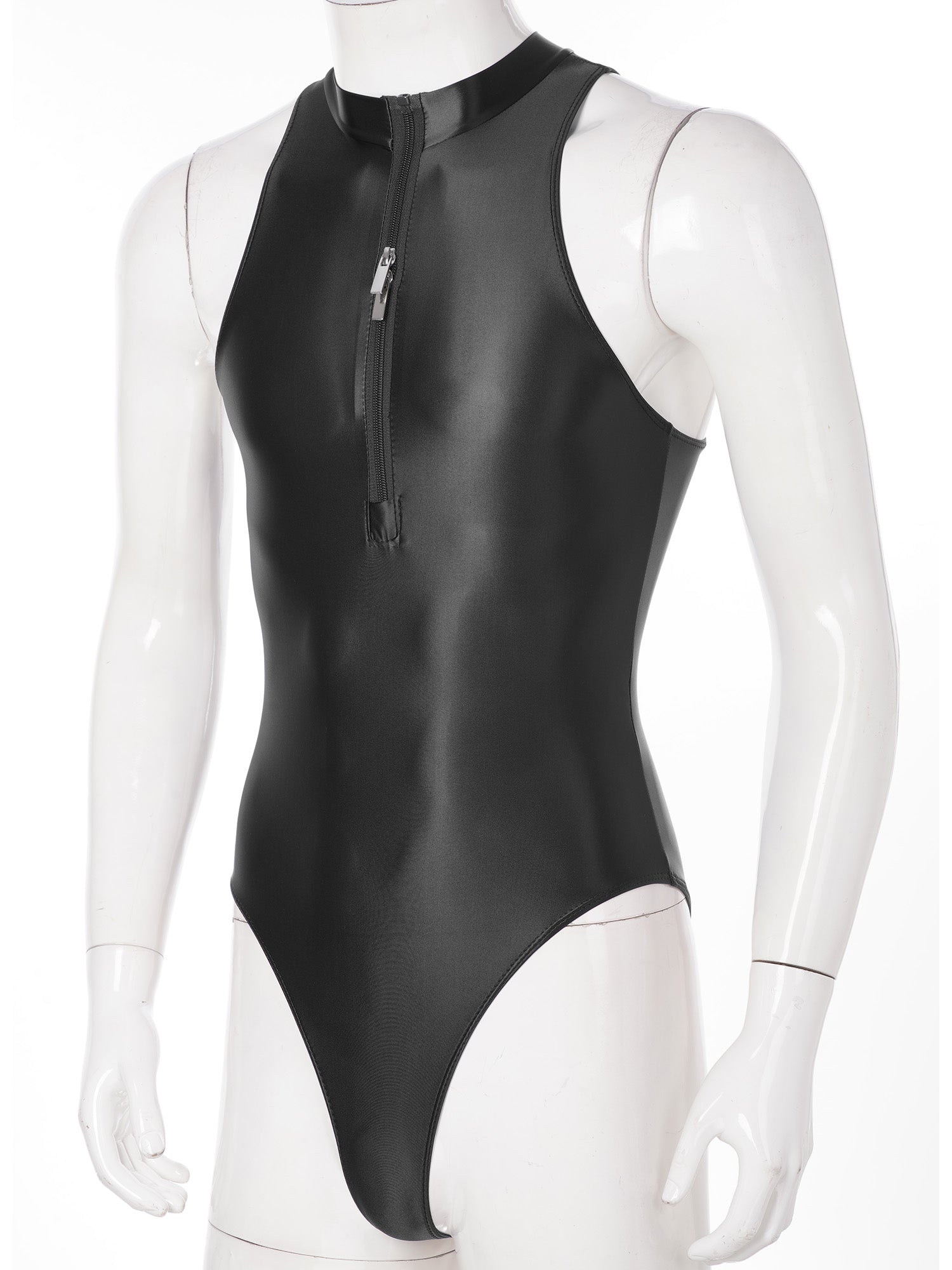 black Riptide Zip Racer Leotard flat-lay showing zipper front and racer sporty silhouette – pridevoyageshop.com – gay men’s harness, lingerie and fetish wear