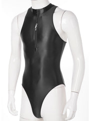 black Riptide Zip Racer Leotard flat-lay showing zipper front and racer sporty silhouette – pridevoyageshop.com – gay men’s harness, lingerie and fetish wear