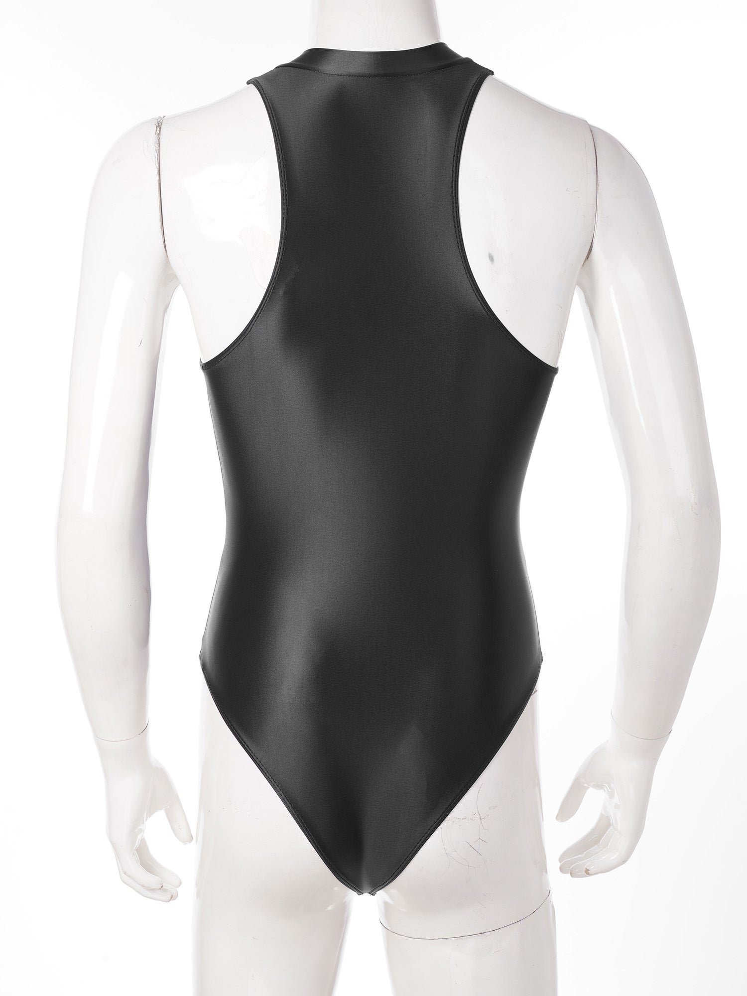 black Riptide Zip Racer Leotard flat-lay showing zipper front and racer sporty silhouette – pridevoyageshop.com – gay men’s harness, lingerie and fetish wear