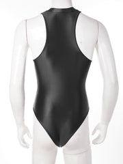 black Riptide Zip Racer Leotard flat-lay showing zipper front and racer sporty silhouette – pridevoyageshop.com – gay men’s harness, lingerie and fetish wear