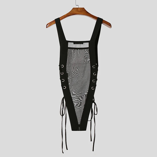 black Side Piece Lace-Up Mesh Bodysuit flat lay with sheer fabric, lace-up side panels, and open bottom cut – pridevoyageshop.com – gay men’s harness, lingerie and fetish wear