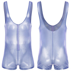 blue Gameboi Holo-Zip Singlet flat-lay detail showcasing holographic zipper and high-cut design – pridevoyageshop.com – gay men’s harness, lingerie and fetish wear
