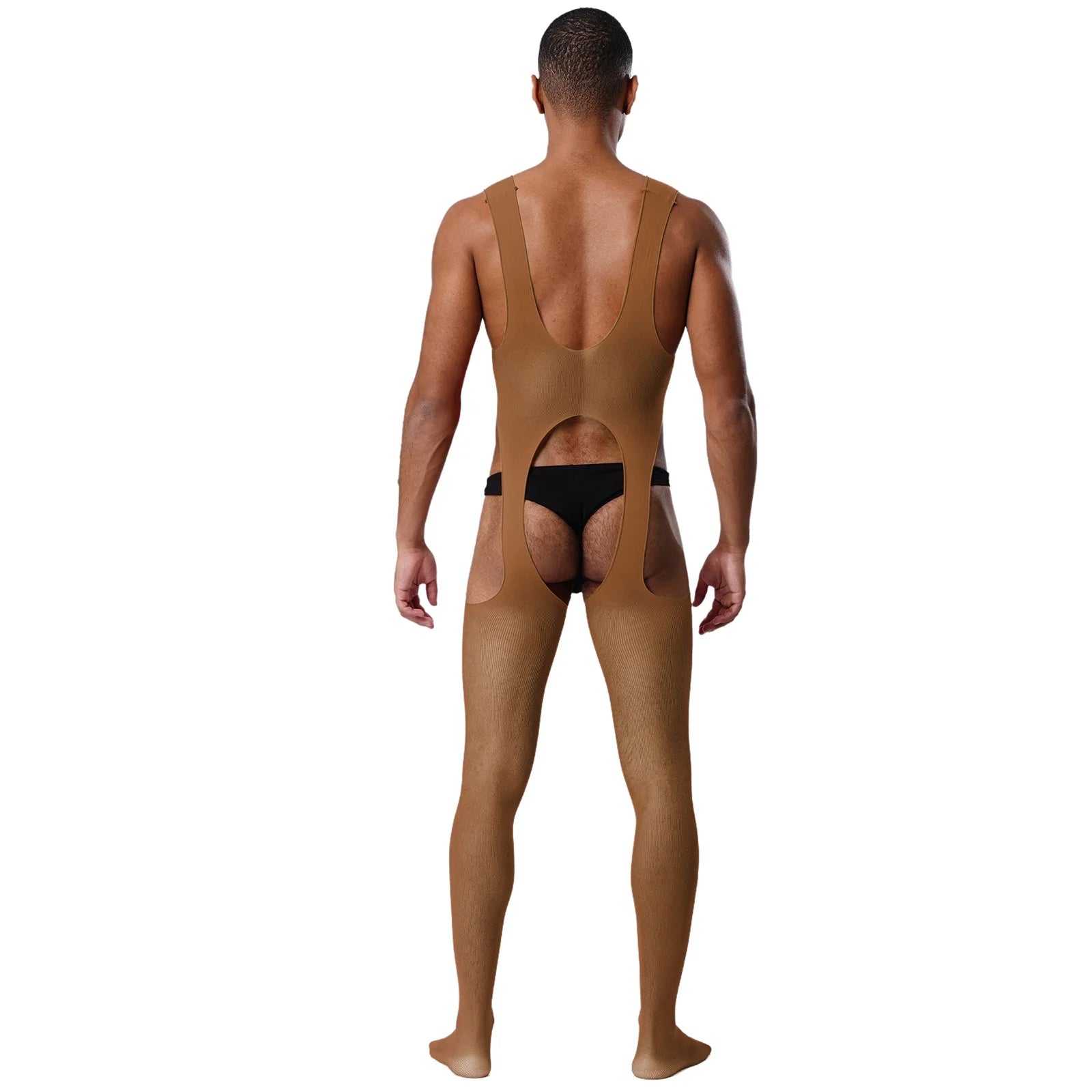 brown cutout sheer bodystocking flat lay, open-panel mesh body, stretchy sensual fabric – pridevoyageshop.com – gay men’s harness, lingerie and fetish wear