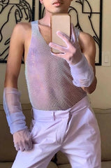 a hot gay man in light purple Gay Club Outfits | Men's Glitter Mesh Tank Top: Fishnet Shirt