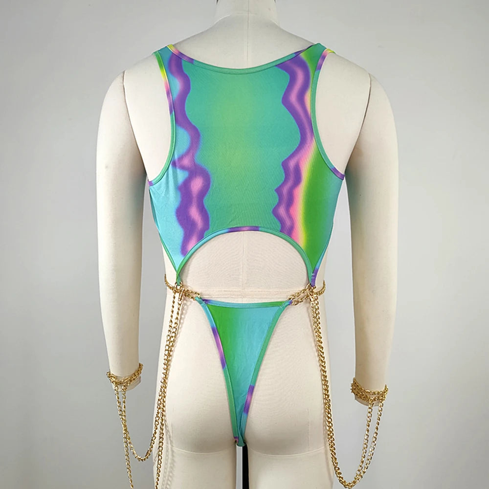 chain-detail mesh bodysuit in green with cutout design – pridevoyageshop.com – gay men’s tops mesh tops club tops fashion tops gym tank tops activewear