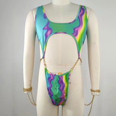 chain-detail mesh bodysuit in green with cutout design – pridevoyageshop.com – gay men’s tops mesh tops club tops fashion tops gym tank tops activewear