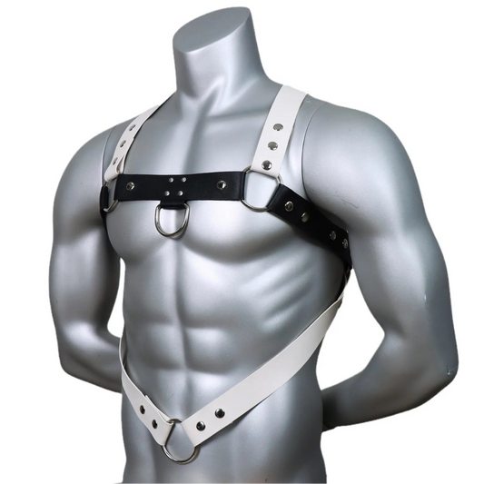 close-up of black and white Men’s Division Chest Harness – pridevoyageshop.com – gay men’s harness, lingerie and fetish wear