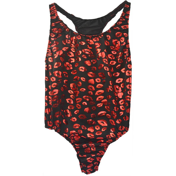 detail close-up of red kiss-print racerback leotard showing stretchy body-hugging fabric and lip graphics – pridevoyageshop.com – gay men’s harness, lingerie and fetish wear