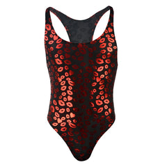 detail close-up of red kiss-print racerback leotard showing stretchy body-hugging fabric and lip graphics – pridevoyageshop.com – gay men’s harness, lingerie and fetish wear