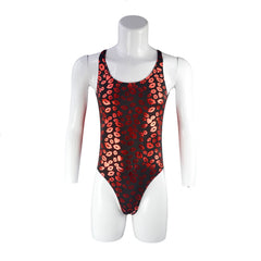 detail close-up of red kiss-print racerback leotard showing stretchy body-hugging fabric and lip graphics – pridevoyageshop.com – gay men’s harness, lingerie and fetish wear