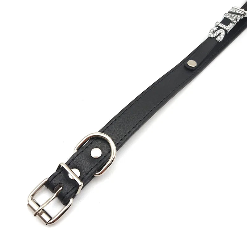 details of The Label Rhinestone and PU Leather Collar – pridevoyageshop.com – gay men’s harness, lingerie and fetish wear