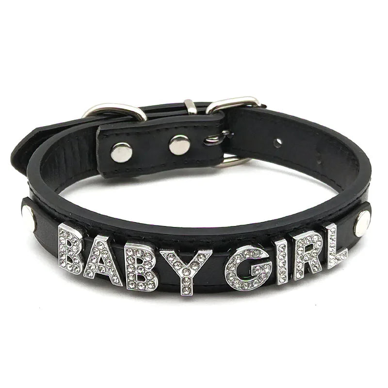 details of The Label Rhinestone and PU Leather Collar with “BABYGIRL” – pridevoyageshop.com – gay men’s harness, lingerie and fetish wear
