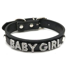 details of The Label Rhinestone and PU Leather Collar with “BABYGIRL” – pridevoyageshop.com – gay men’s harness, lingerie and fetish wear