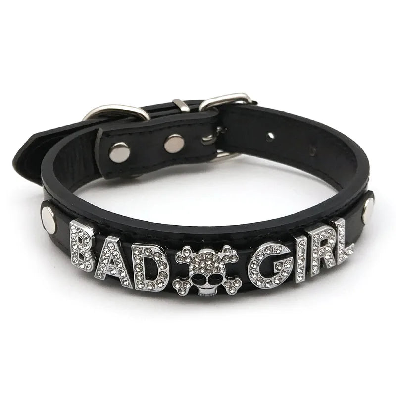 details of The Label Rhinestone and PU Leather Collar with “BAD GIRL” – pridevoyageshop.com – gay men’s harness, lingerie and fetish wear