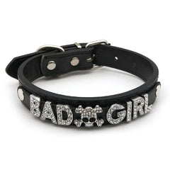 details of The Label Rhinestone and PU Leather Collar with “BAD GIRL” – pridevoyageshop.com – gay men’s harness, lingerie and fetish wear