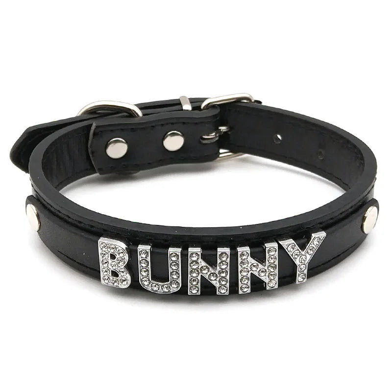 details of The Label Rhinestone and PU Leather Collar with “BUNNY” – pridevoyageshop.com – gay men’s harness, lingerie and fetish wear