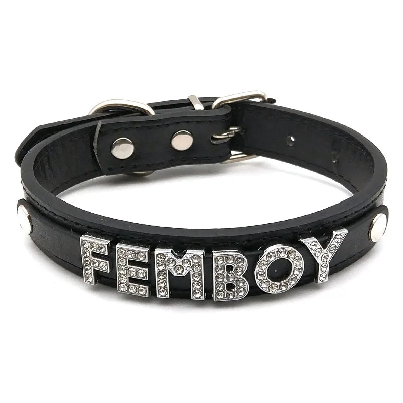 details of The Label Rhinestone and PU Leather Collar with “FEMBOY” – pridevoyageshop.com – gay men’s harness, lingerie and fetish wear