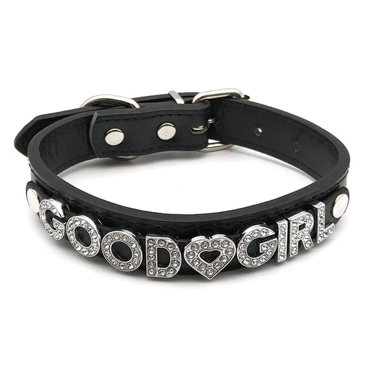 details of The Label Rhinestone and PU Leather Collar with “GOOD GIRL” – pridevoyageshop.com – gay men’s harness, lingerie and fetish wear