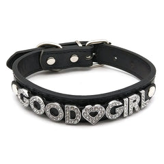 details of The Label Rhinestone and PU Leather Collar with “GOOD GIRL” – pridevoyageshop.com – gay men’s harness, lingerie and fetish wear