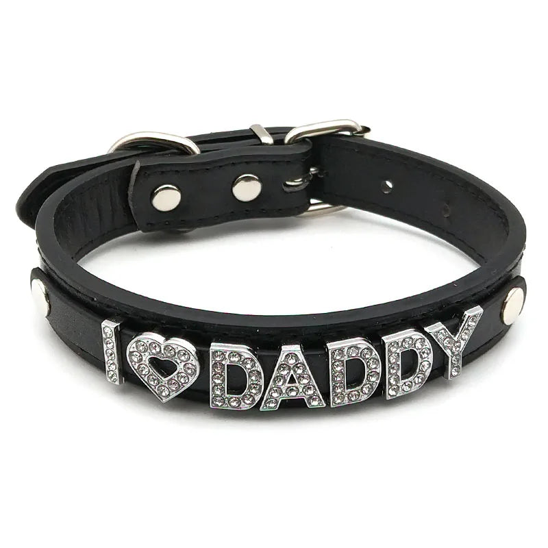 details of The Label Rhinestone and PU Leather Collar with “I love DADDY” – pridevoyageshop.com – gay men’s harness, lingerie and fetish wear