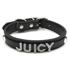 details of The Label Rhinestone and PU Leather Collar with “JUICY” – pridevoyageshop.com – gay men’s harness, lingerie and fetish wear