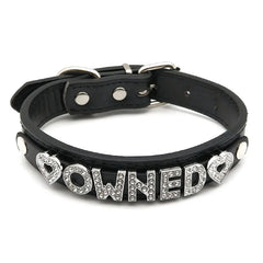 details of The Label Rhinestone and PU Leather Collar with “OWNED” – pridevoyageshop.com – gay men’s harness, lingerie and fetish wear