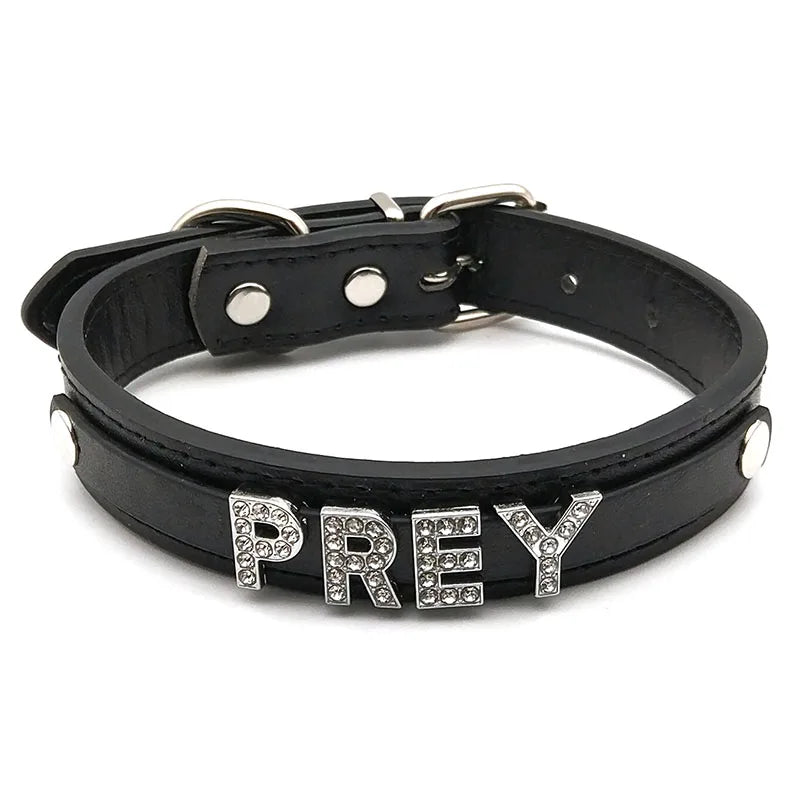 details of The Label Rhinestone and PU Leather Collar with “PREY” – pridevoyageshop.com – gay men’s harness, lingerie and fetish wear