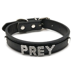 details of The Label Rhinestone and PU Leather Collar with “PREY” – pridevoyageshop.com – gay men’s harness, lingerie and fetish wear