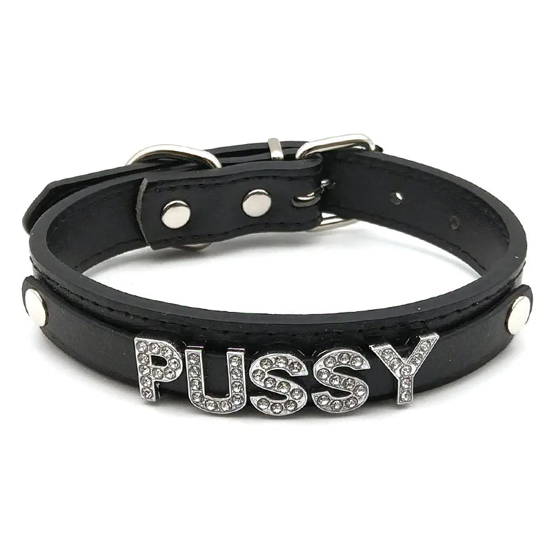 details of The Label Rhinestone and PU Leather Collar with “PUSSY” – pridevoyageshop.com – gay men’s harness, lingerie and fetish wear