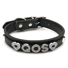 details of The Label Rhinestone and PU Leather Collar with “QOS” – pridevoyageshop.com – gay men’s harness, lingerie and fetish wear