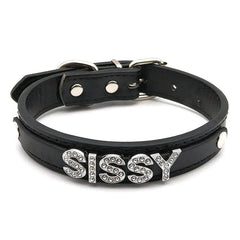 details of The Label Rhinestone and PU Leather Collar with “SISSY” – pridevoyageshop.com – gay men’s harness, lingerie and fetish wear