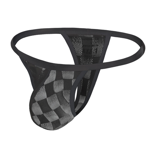 details of black Men’s Checkmate Mesh Thong – pridevoyageshop.com – gay men’s harness, lingerie and fetish wear