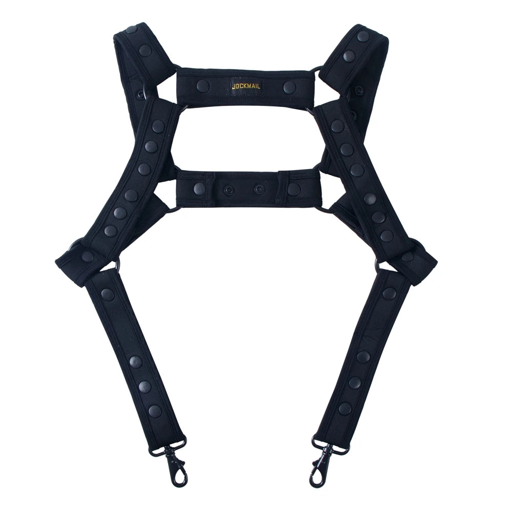 details of black Men’s Darkroom Body Harness – pridevoyageshop.com – gay men’s harness, lingerie and fetish wear