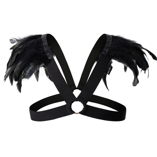 details of black Men’s Fallen Diva Feather Epaulet Harness – pridevoyageshop.com – gay men’s harness, lingerie and fetish wear
