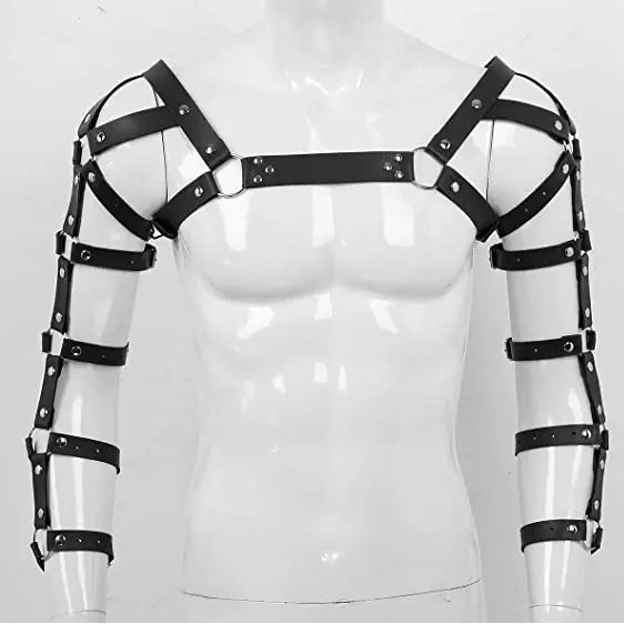 details of black Men’s Full Control Arm-Cage Bondage Harness – pridevoyageshop.com – gay men’s harness, lingerie and fetish wear