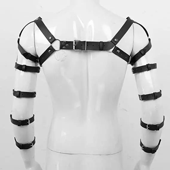 details of black Men’s Full Control Arm-Cage Bondage Harness – pridevoyageshop.com – gay men’s harness, lingerie and fetish wear