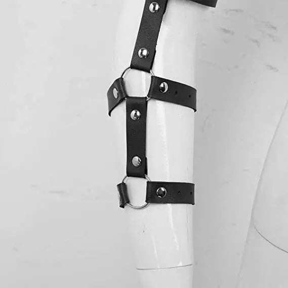 details of black Men’s Full Control Arm-Cage Bondage Harness – pridevoyageshop.com – gay men’s harness, lingerie and fetish wear