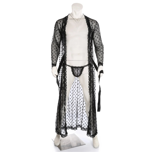 details of black Men’s Private Show Sheer Robe Set – pridevoyageshop.com – gay men’s sexy swim briefs, trunks, board shorts, and bikinis