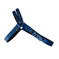 details of blue Men’s Offset Chest Harness – pridevoyageshop.com – gay men’s harness, lingerie and fetish wear