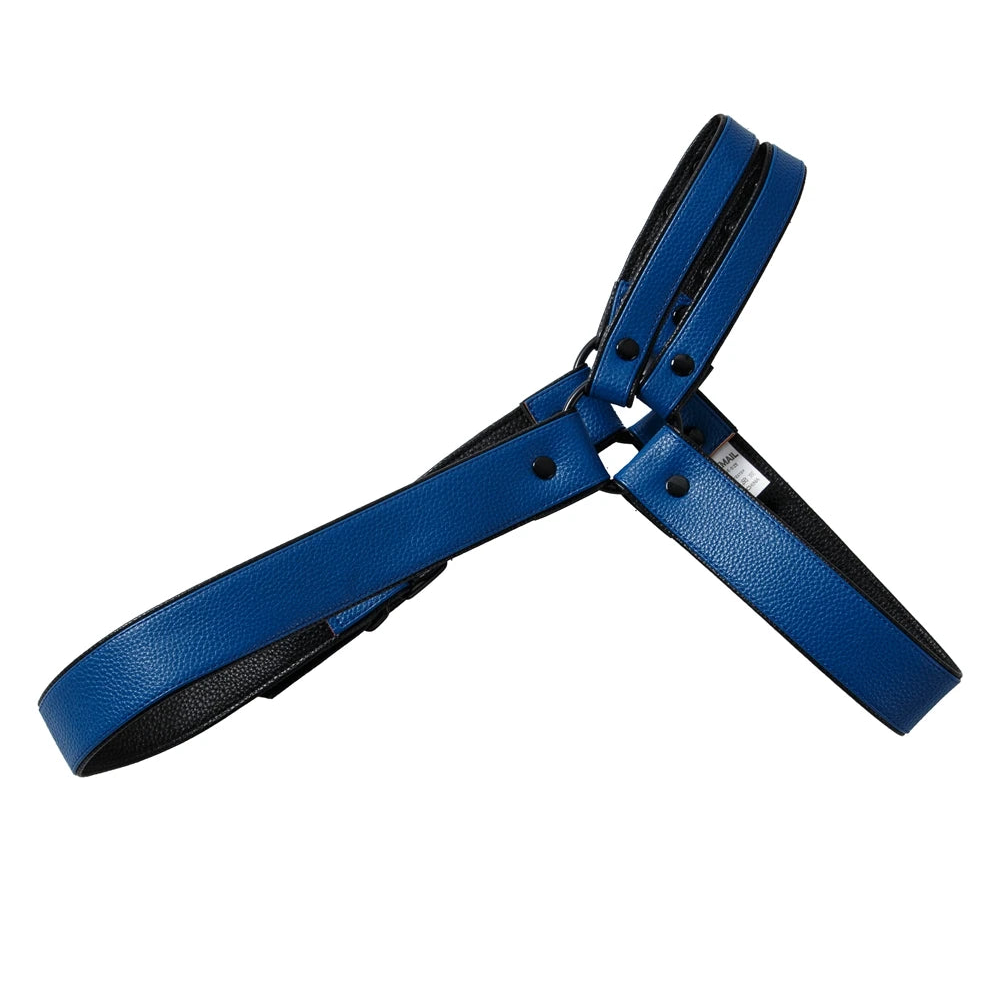 details of blue Men’s Offset Chest Harness – pridevoyageshop.com – gay men’s harness, lingerie and fetish wear